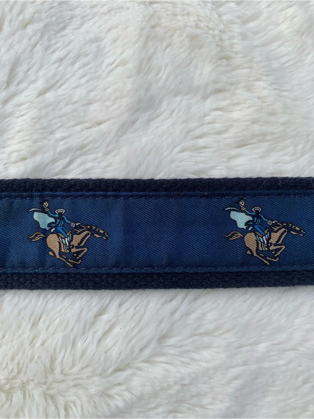 Vineyard Vines Navy Blue Embroidered Canvas Belt with Brown Leather Trim